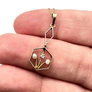Antique Vintage Diamond & Pearl 10K Rose Gold Lavalier Pendant 16 Inch Necklace - Picture 1 of 4