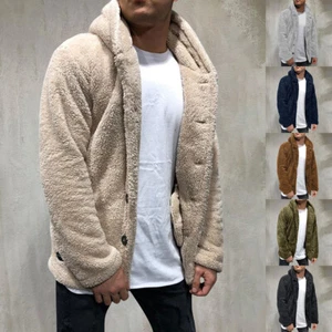 Mens Teddy Bear Fluffy Fleece Cardigan Winter Warm Hooded Jacket Hoodie Coat - Picture 1 of 20