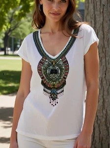 CAMILLA V NECK TEE WHITE CRYSTALS STRETCH JERSEY . - Bild 1 von 5