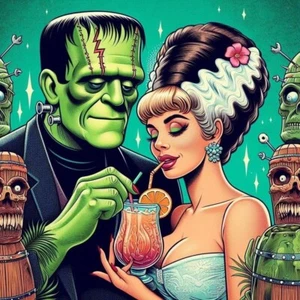 Bebidas con Frankenstein Colorido Halloween 8x8 Algodón Artesanal Tela Bloque - Imagen 1 de 1