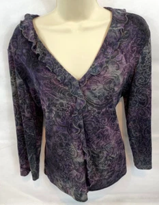 AGB 90's Vtg Ruffled Blouse Top 3/4 Sleeve Purple/Gray - Made in USA - Size XL - Picture 1 of 19