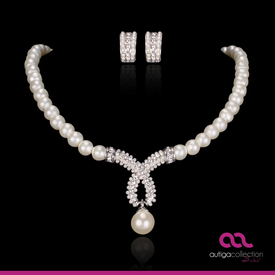 Brautschmuck Schmuckset Perlen Collier Kette Ohrringe Kreaolen Kristall Hochzeit - Bild 1 von 1