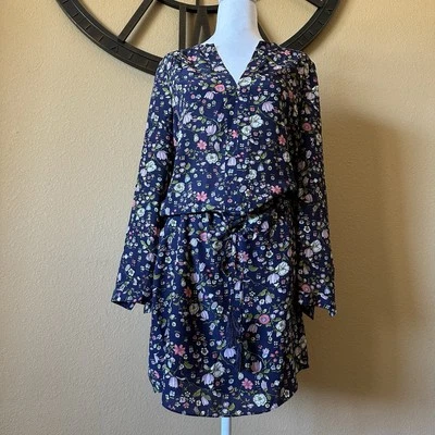 REBECCA TAYLOR цветочный длинным рукавом галстук талии платье 100% шелк темно-синий женщин 6 - Изображение 1 из 4