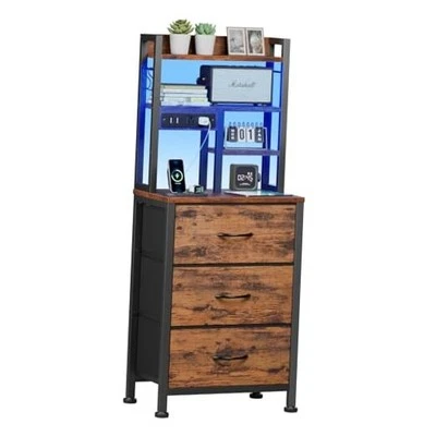  Mesita de Noche Alta con 3 Cajones de Tela y Luces LED, 3 Cajones Marrón Rústico Foto 1 de 4