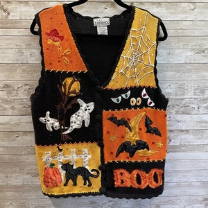 Vintage Basic Edition Damen L Weste Halloween Strick Pullover Herbst Blätter Geister Fledermäuse - Bild 1 von 20