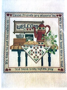Needle Maid Cross Stitch PATTERN Country Coffee Time Friends and Pie - Picture 1 of 6