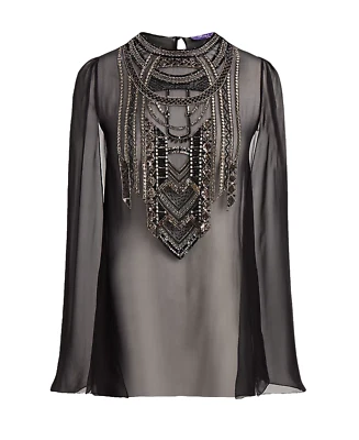 Top Ralph Lauren Colección Esmeralda Adornado Seda Transparente Talla 6 Foto 1 de 4