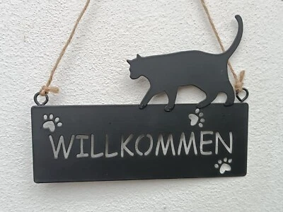 POSIWIO ❤ Kleines Dekoschild mit Katze - Willkommen - zum hängen schwarz Metall ❤