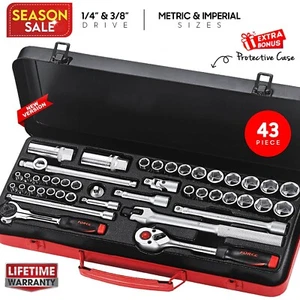 Force 1/4" 3/8" Drive 43 Piece Imperial Metric Combination Socket Set with Case - Picture 1 of 5