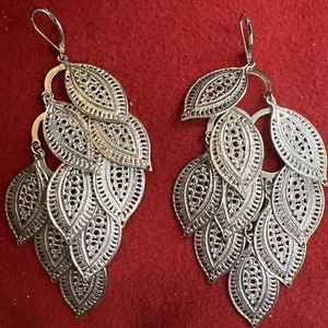 Silver Tone Filagree Large Chandelier Pierced Earrings - Picture 1 of 11
