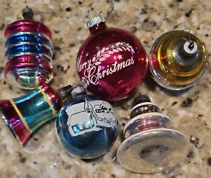 Vintage Shiny Brite USA Red Green Mica Stenciled Star Glass Christmas Ornaments - Picture 1 of 16