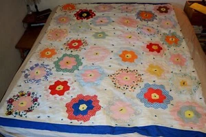 Vintage handgenähte Decke GROSSMUTTERS BLUMENGARTEN 65x78 Jahrhundertwende - Bild 1 von 12