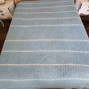 Hand Crocheted Blanket / Throw Light Blue & White Striped, LARGE - Picture 1 of 4
