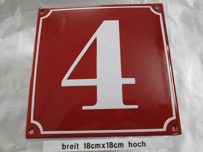 Hausnummer Emaille Nr. 4 weiße Zahl roter Hintergrund 18 cm x 18 cm Baujahr 2021 - Image 1 of 4