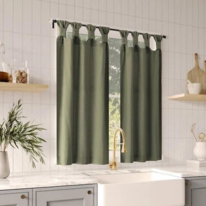 Archaeo Washed 100% Cotton Small Window Twist Tab Cafe Curtains, 40x24, Green - Picture 1 of 6