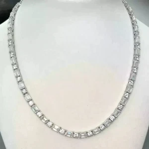 25Ct Emerald & Round Lab Created Diamond Tennis Necklace 14k White Gold Plated - Picture 1 of 12