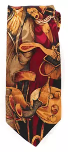 Cravatta uomo vintage Azia 100% seta stampa figura donna vino gatto 60 x 3,5 - Foto 1 di 3