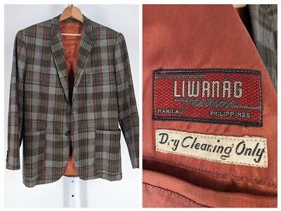 Vintage 40s 50s Manila Bespoke Plaid Flannel Blazer Sport Jacket 3 Button 38" - Image 1 of 4