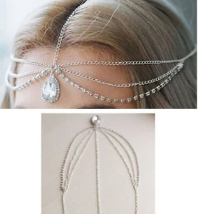 Women BOHO Party Crystal Silver Hair forehead chain head band Headband headpiece - Picture 1 of 9