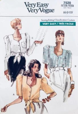 Vogue Pattern 7520 | Misses Loose Fitting Blouse 3 Styles | Sizes 6 8 10 | UNCUT - Image 1 of 3