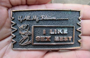 Vtg I LIKE SEX Belt Buckle PINUP Chronicles Of Amber Zelazny Novel RARE VG+ - Picture 1 of 4