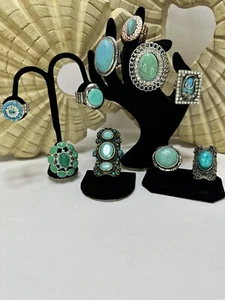 10Vintage Turquoise,Gemstone Statement Rings, RhineStone, Silvertone, Adjestable - Picture 1 of 12