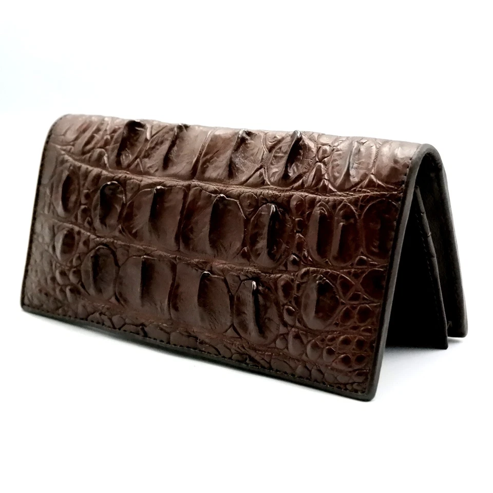 New Real Dark Brown Croc Back Bone Leather Skin Unisex Long Bifold Wallet. - Image 1 of 4