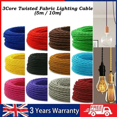 Twisted Vintage Style Braided Fabric Electrical Cable 3Core  Choice of Colors - Image 1 of 4