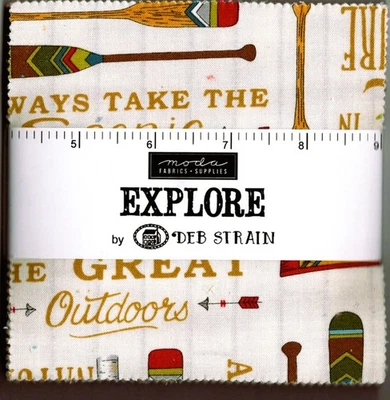  Charm Pack 5" Sq 42 Pcs "Explore" Canoes Pine Trees Brown Tan Green Quilts New - Image 1 of 4