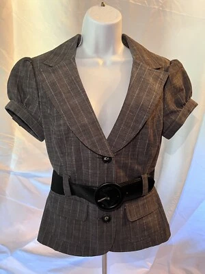 IZ Byer California Blazer Grey Pinstripe Three Buttons Belt Size: Large - Image 1 of 4