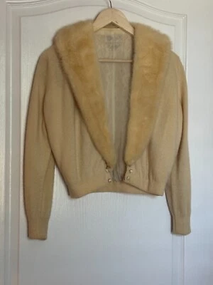 Vintage Hadley 100% Imported Cashmere Mink Fur Collar Creme Color Sweater - Image 1 of 4