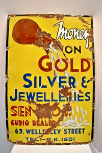 Vintage Porcelain Enamel Sign Sen & Co. Calcutta Pawn Shop Money Gold Silver Old - Picture 1 of 11