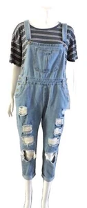 Denim Latzhose Retro Grunge helle Waschung L blau Jeans Damen Shredded verwaschen - Bild 1 von 15
