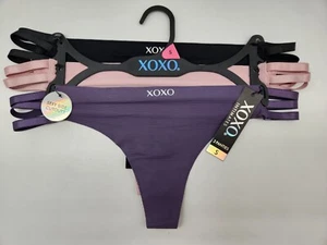 XOXO Women's S M L XL 3 Pack Side Cutout Thong Panties Black Lilac Purple - Picture 1 of 2