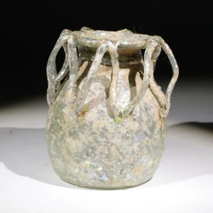 GORGEOUS ANCIENT ROMAN GLASS JAR WITH OPENWORK COLLAR - CIRCA 1st-3rd Century AD - Picture 1 of 2