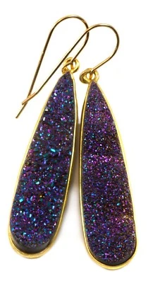 14k Yellow Gold Druzy Earrings Peacock Purple Teardrop Bezel Long Drusy Drops 2 - Image 1 of 3