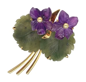 14k Yellow Gold Carved Genuine Amethyst Violet Flower and Jade Leaf Pin (#J7253) - Picture 1 of 9