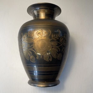 Solid Brass Vase Etched Flowers 7.5” tall Made in India Vintage Black Accent - Picture 1 of 16