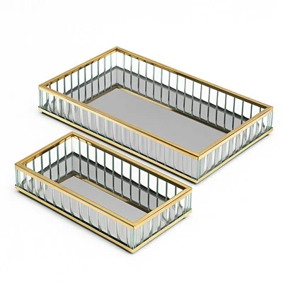 2er Set Spiegeltablett Metall-Gold Deko Bad Schminktisch Schmuck Kosmetik Ablage - Bild 1 von 4