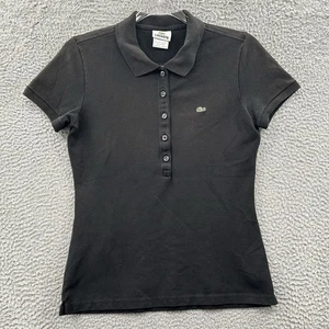 Lacoste Polo Shirt Womens 40 Medium Black Short Sleeve Button Front Green Logo - Picture 1 of 10