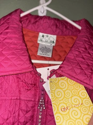 NWT Quacker Factory Jacket Large Pink Orange 100% Silk Quilted Rhinestone Zip - Image 1 of 4