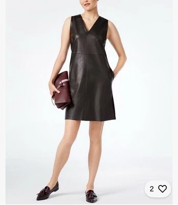 MAX MARA Weekend Lamb Leather Shift Mini Dress Sz 8 IT 42 V Neck Sleeveless - Image 1 of 4