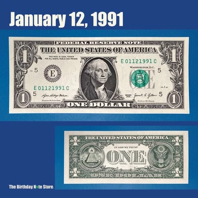 January 12, 1991 Birthday Anniversary $1 One Dollar Bill Serial Number 01121991 - Image 1 of 2