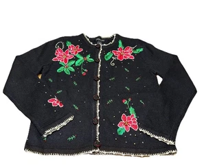 NWT Reference Point Black Cardigan Sweater Embellished Christmas Poinsettia S - Picture 1 of 8