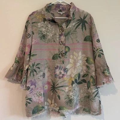 John Mark 100% Linen Floral Top Sz L  Buttons Tropical Beach Raw Hem Bell Sleeve - Image 1 of 4
