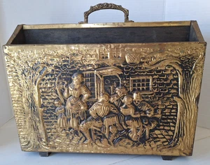 Vtg MCM Magazine Holder Rack Brass Wood Embossed Hammered Newspaper Patina - Picture 1 of 11