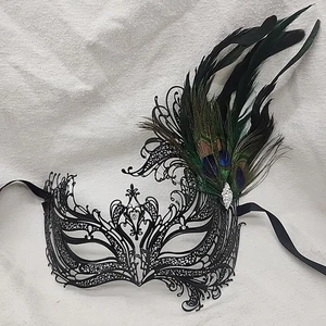 Maske Venezianische Pfeife Metall Pfau gefiedert Strass Maskerade schwarz - Bild 1 von 6
