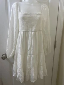 Hem & Thread white Babydoll Square Neck long puff sleeve Mini Dress M Romantic - Picture 1 of 11
