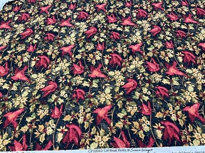 Fabric - Susan Winget  "CARDINAL HOLLY"  Birds, 100% Cotton - 1.50 Yards - NEW - Image 1 of 4