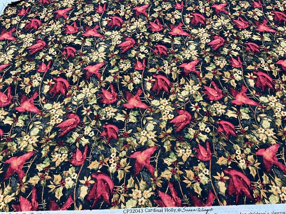 Fabric - Susan Winget  "CARDINAL HOLLY"  Birds, 100% Cotton - 1.50 Yards - NEW - Image 1 of 4